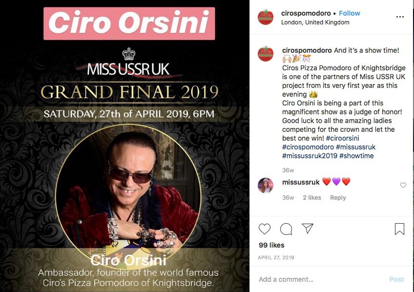 Ciro Orsini is a regular juror Of the Miss USSR UK election.